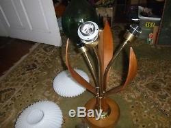 Vintage Mid Century Danish Teak Table Lamp with three flying saucer shades