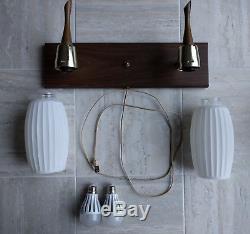 Vintage Mid-Century Double Light Wall Lamp Frosted Ribbed Milk Glass Shades