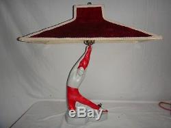 Vintage Mid Century Figural Japanese Table Lamp Fire Dancer Velvet Shade Ballet