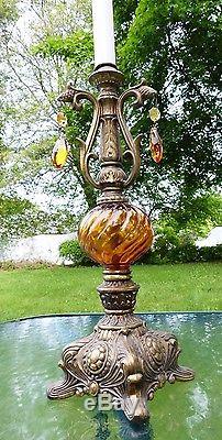 Vintage Mid Century Hollywood Regency Lamps Amber Globes+Prisms withVelvet Shades