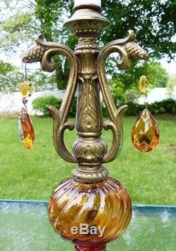 Vintage Mid Century Hollywood Regency Lamps Amber Globes+Prisms withVelvet Shades