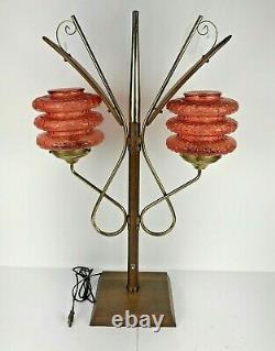 Vintage Mid-Century Lamp With Red Glass Shades