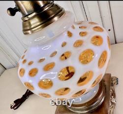 Vintage Mid-Century Milk Glass Amber Honeysuckle Coin Dot Table Lamp