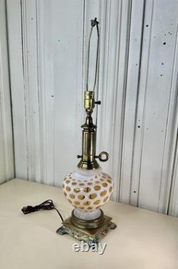Vintage Mid-Century Milk Glass Amber Honeysuckle Coin Dot Table Lamp
