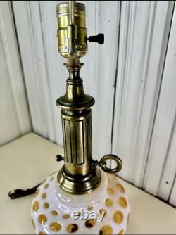 Vintage Mid-Century Milk Glass Amber Honeysuckle Coin Dot Table Lamp