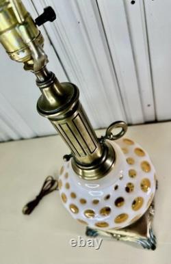 Vintage Mid-Century Milk Glass Amber Honeysuckle Coin Dot Table Lamp