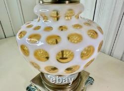 Vintage Mid-Century Milk Glass Amber Honeysuckle Coin Dot Table Lamp