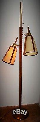 Vintage Mid Century Modern 2 Cone Shades Teak Wood & Brass Pole Floor Lamp