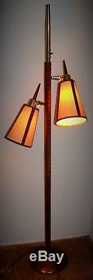 Vintage Mid Century Modern 2 Cone Shades Teak Wood & Brass Pole Floor Lamp