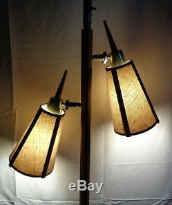 Vintage Mid Century Modern 2 Light Floor Lamp W Fabric Shades Retro
