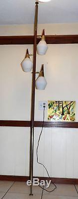 Vintage Mid Century Modern 3 Way Light Tension Pole Floor Lamp Glass Shades