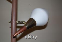 Vintage Mid Century Modern 3 Way Light Tension Pole Floor Lamp Glass Shades