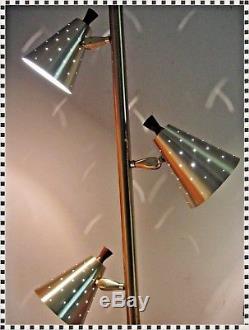 Vintage Mid Century Modern Atomic Tension Pole Floor Lamp Punched Metal Shades