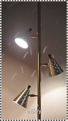 Vintage Mid Century Modern Atomic Tension Pole Floor Lamp Punched Metal Shades