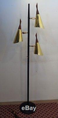 Vintage Mid Century Modern Black & Gold Floor Lamp Perforated Shades Working