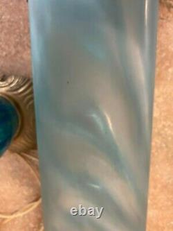 Vintage Mid Century Modern Blue Turquoise Glass Lamp w Iridescent Shade WORKS