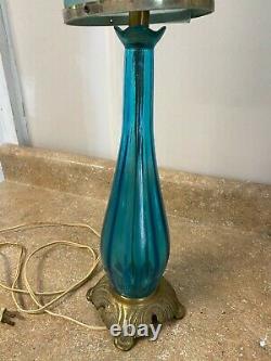 Vintage Mid Century Modern Blue Turquoise Glass Lamp w Iridescent Shade WORKS