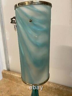 Vintage Mid Century Modern Blue Turquoise Glass Lamp w Iridescent Shade WORKS