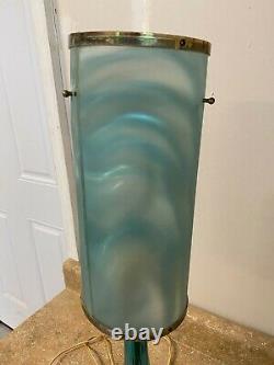 Vintage Mid Century Modern Blue Turquoise Glass Lamp w Iridescent Shade WORKS