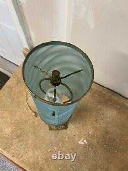 Vintage Mid Century Modern Blue Turquoise Glass Lamp w Iridescent Shade WORKS
