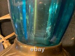 Vintage Mid Century Modern Blue Turquoise Glass Lamp w Iridescent Shade WORKS