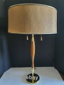 Vintage Mid Century Modern LAUREL Wood & Brass Table Lamp withShade 29