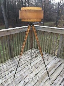 Vintage Mid Century Modern Lamp Shade Wood & Brass Tripod Floor Lamp Industrial