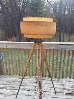 Vintage Mid Century Modern Lamp Shade Wood & Brass Tripod Floor Lamp Industrial