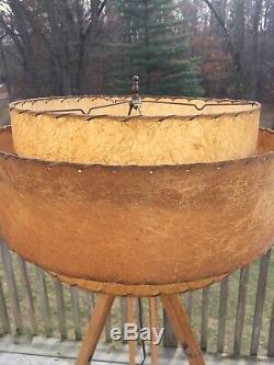 Vintage Mid Century Modern Lamp Shade Wood & Brass Tripod Floor Lamp Industrial