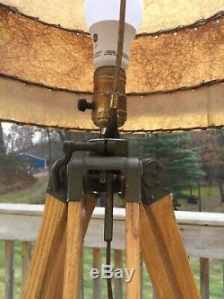 Vintage Mid Century Modern Lamp Shade Wood & Brass Tripod Floor Lamp Industrial