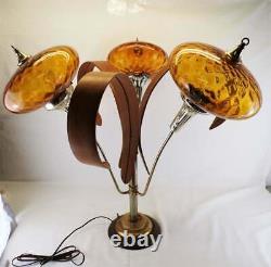 Vintage Mid-Century Modern Lamp with Orange Glass Shades and Wood