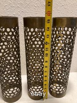 Vintage Mid Century Modern Perforated Brass Cylinder Shades Lamp Parts Set of 3