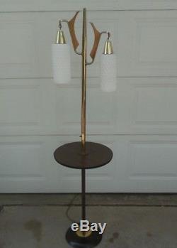 Vintage Mid Century Modern Pole Floor Lamp w Table & 2 White Glass Shades w Wood