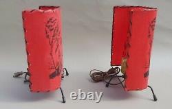 Vintage Mid Century Modern Red Fiberglass Shade Tabletop Lamp Set