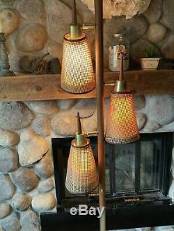 Vintage Mid Century Modern Tension Floor Lamp 1960s Wicker Rattan Cones Shades