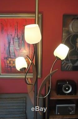 Vintage Mid Century Modern Tension Pole Danish Floor Lamp with 3 Tulip Shades
