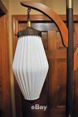 Vintage Mid Century Modern Tension Pole Floor Lamp White Ruffled Glass Shades