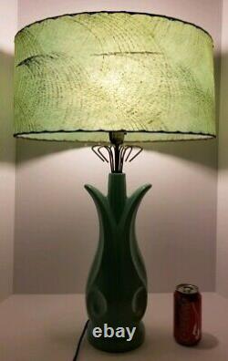Vintage Mid Century Modern Turquoise Ceramic Tulip Lamp & Fiberglass Swirl Shade