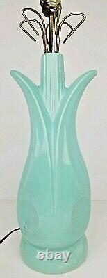 Vintage Mid Century Modern Turquoise Ceramic Tulip Lamp & Fiberglass Swirl Shade