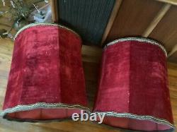 Vintage Mid Century Red suede velvet Drum Barrel Table Lamp Shade Pair retro