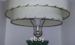 Vintage Mid Century/Retro Green Pottery Table Lamp Cream/Tan 3 Tier Shade