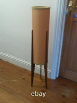 Vintage Mid Century Teak Floor / Table Lamp Cylindrical Orange Shade. 98cm Tall