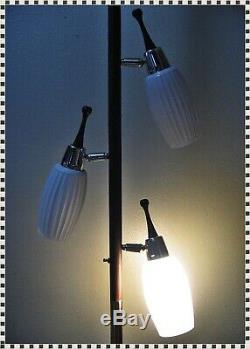Vintage Mid Century Tension Floor Pole Lamp White Ribbed Glass Shades 3 Lights