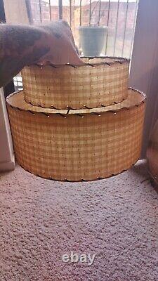 Vintage Mid Century Two Tier Barrel Drum Shade Fiberglass Tan Tartan 12 x 8
