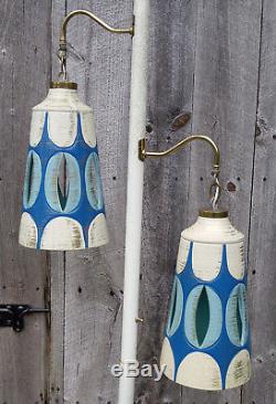 Vintage Mid Century White, Blue, Gold 2 Socket Pole Floor Lamp with Ceramic Shades