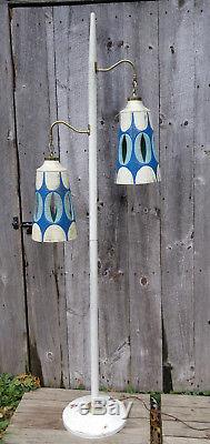 Vintage Mid Century White, Blue, Gold 2 Socket Pole Floor Lamp with Ceramic Shades