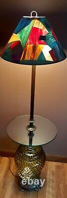 Vintage Multicolored Shade & Retro Green Glass Standing Table Floor Lamp