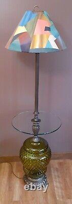 Vintage Multicolored Shade & Retro Green Glass Standing Table Floor Lamp