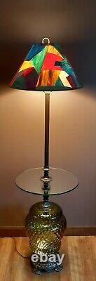 Vintage Multicolored Shade & Retro Green Glass Standing Table Floor Lamp