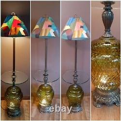 Vintage Multicolored Shade & Retro Green Glass Standing Table Floor Lamp